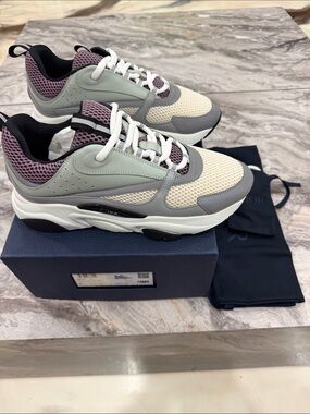 Dior Men’s B22s calfskin mesh Sneakers in Cream, Gray & Purple